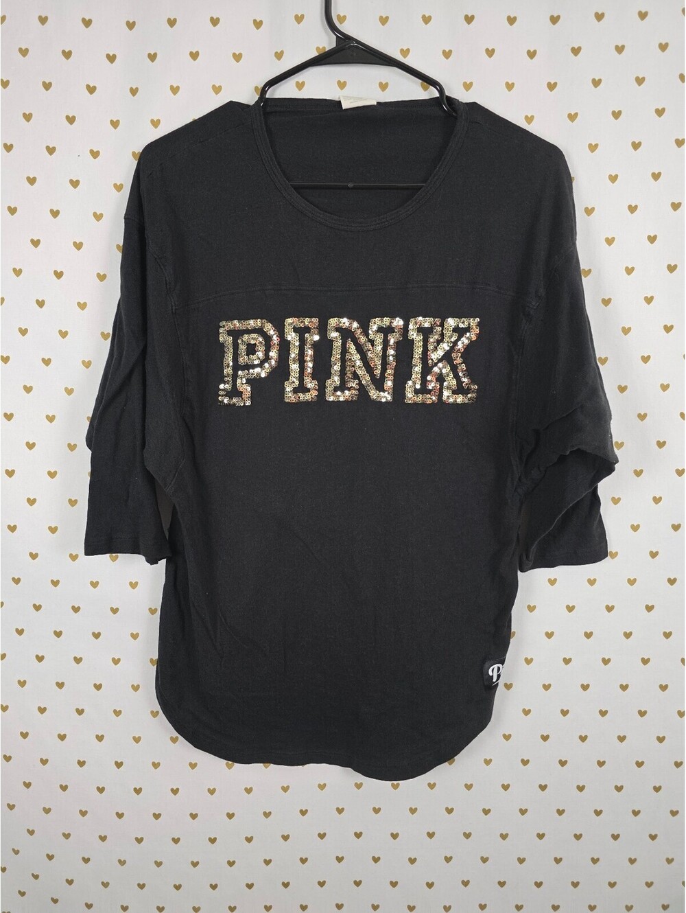 Victorias Secret PINK Gold Bling Sequined Quarter Sleeve Tee shirt Medium